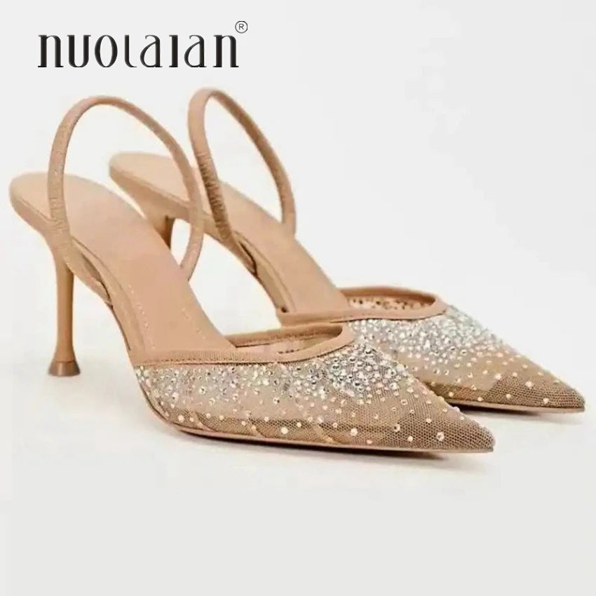 2024 Women High Heels Pumps Summer Fashion Rhinestone Mesh Stilettos Slingbacks  Women Pointed Toe Thin Heel Sandals Shoes Woman