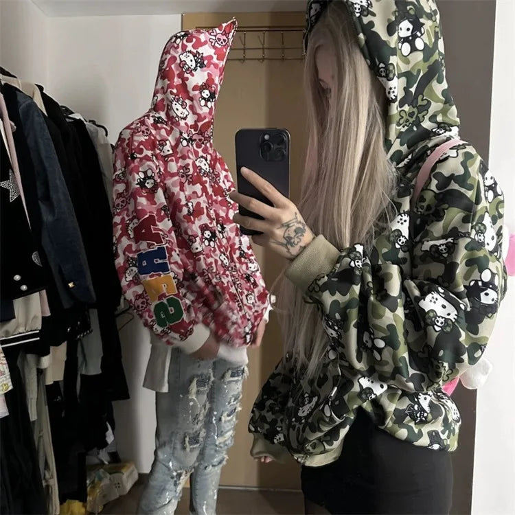 Miniso Camouflage Hellokitty Harajuku Zip-up Coats Cartoon Kitty Cat Printed Gothic Hooded Sweatshirts Couple Y2k Women Clothing