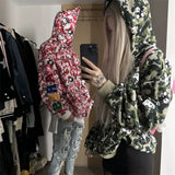 Miniso Camouflage Hellokitty Harajuku Zip-up Coats Cartoon Kitty Cat Printed Gothic Hooded Sweatshirts Couple Y2k Women Clothing