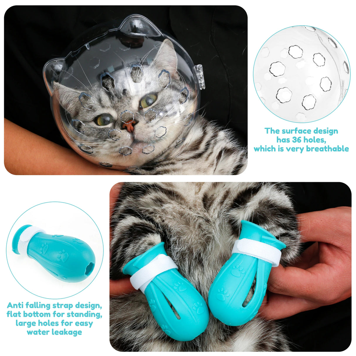 Breathable Cat Muzzle Transparent Anti-Bite Protective Space Hood Durable Cat Grooming Accessories with 4 Silicone Paw Shoes