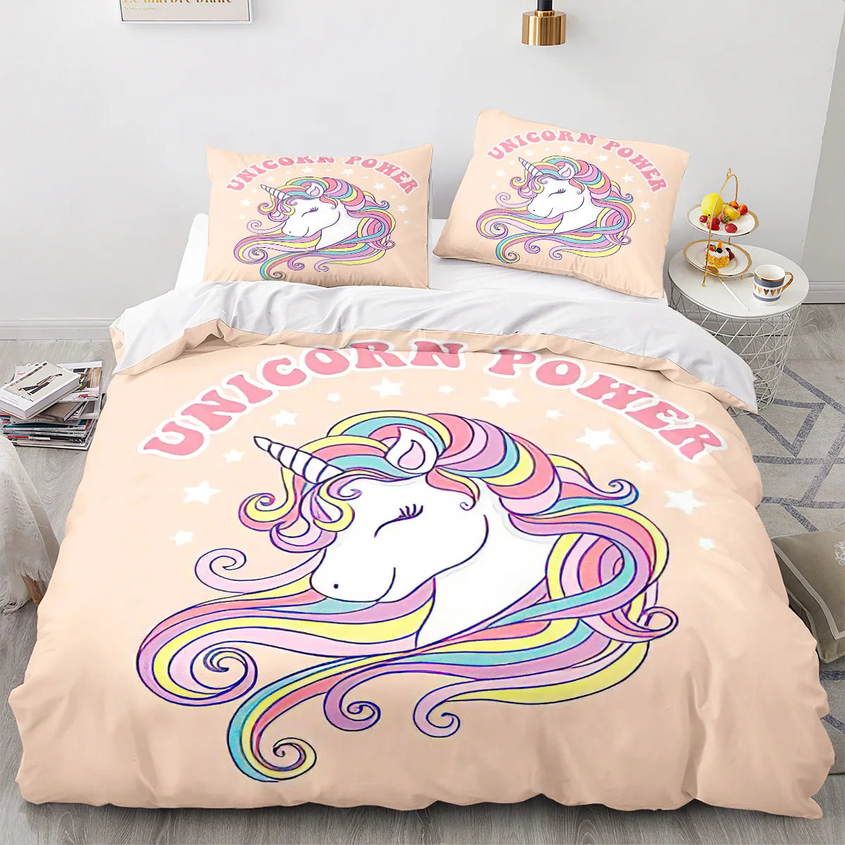 Unicorn Duvet Cover Set Cartoon Galaxy Rainbow Colourful Unicorn Cute Romantic Theme for Kids Girls Polyester Comforter Cover