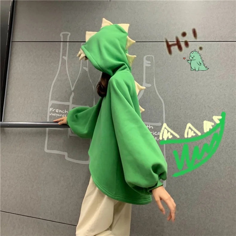 Autumn Women Cartoon Dinosaur Horn Cap Hoodies Harajuku Sweatshirts Cute Front Short Back Long Pullover Casual Loose Tracksuit