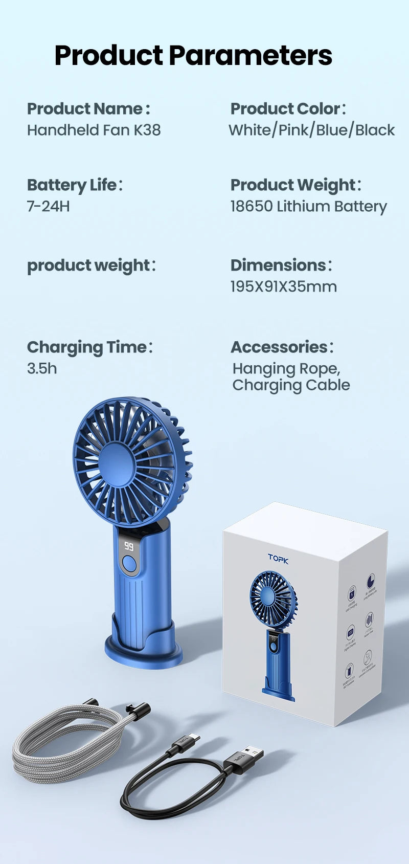 TOPK 5000mAh Mini Portable Fan USB Rechargeable Hand Held Fan,Small Pocket Fan 3 Speeds with Lanyard &Base,USB Desk Fan Foldable