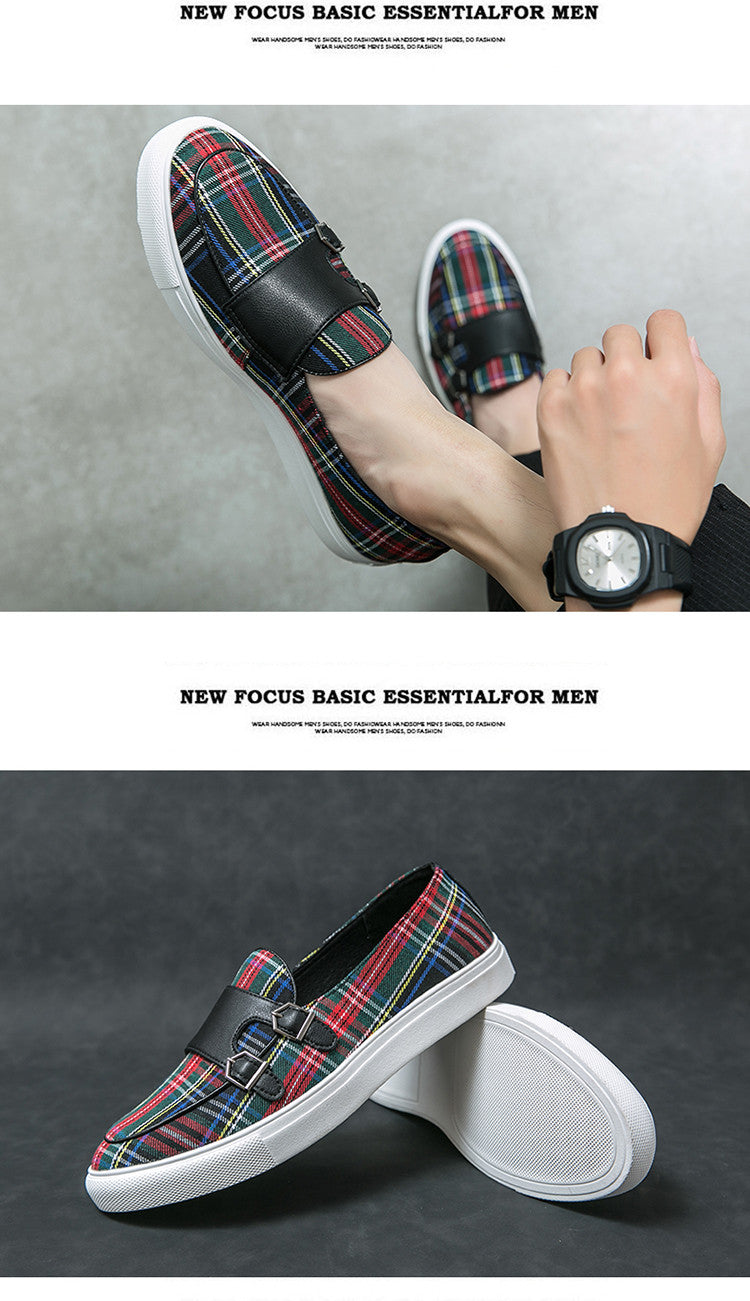 Loafers Men Shoes Canvas Plaid Classic Fashion Moccasin Man Party Outdoor Daily PU Double Buckle All-match Casual Shoes