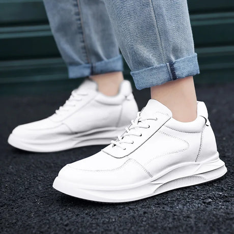 White Leather Sneakers with Thick Soles Men Shoes Outdoor Men Formal Shoes Invisible Inner Height Increasing Men's Shoes 6/8 CM