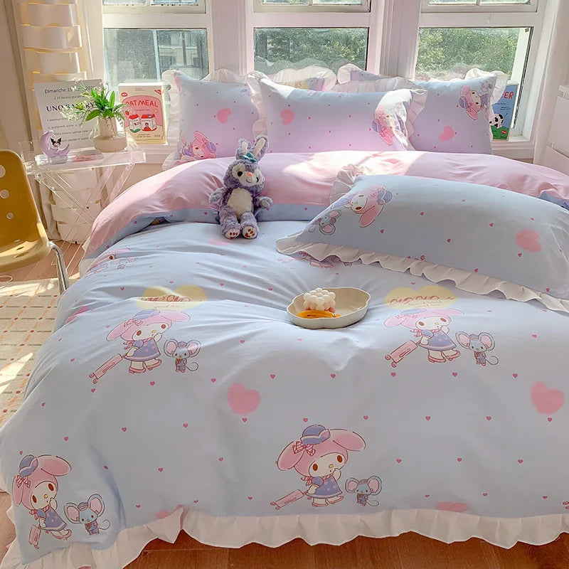 Sanrio Kids Bedding Set Kuromi Cinnamoroll Mymelody Duvet Cover Bed Sheet Pillowcase Bedsheet Double Single King Queen Twin Size