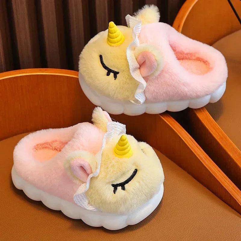 New Winter Kids Plush Slippers Cartoon Unicorn Children's Indoor Slides Non-Slip Soft Mule Girls Boys Warm House Cotton Shoes