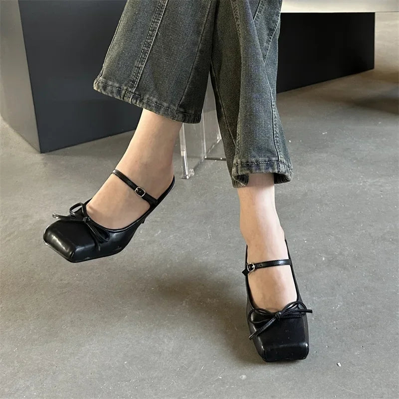 Eilyken New Design Bowknot Square Toe Women Pumps Sexy Buckle Strap Thin High Heels Banquet Prom Mule Slippers Shoes