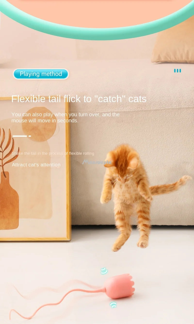 Interactive Cat Toys USB Electric Intelligent Rolling Ball Toy Cats Pet Silicone Automatic Rotate Mouse Tail Kitten Teaser Stick