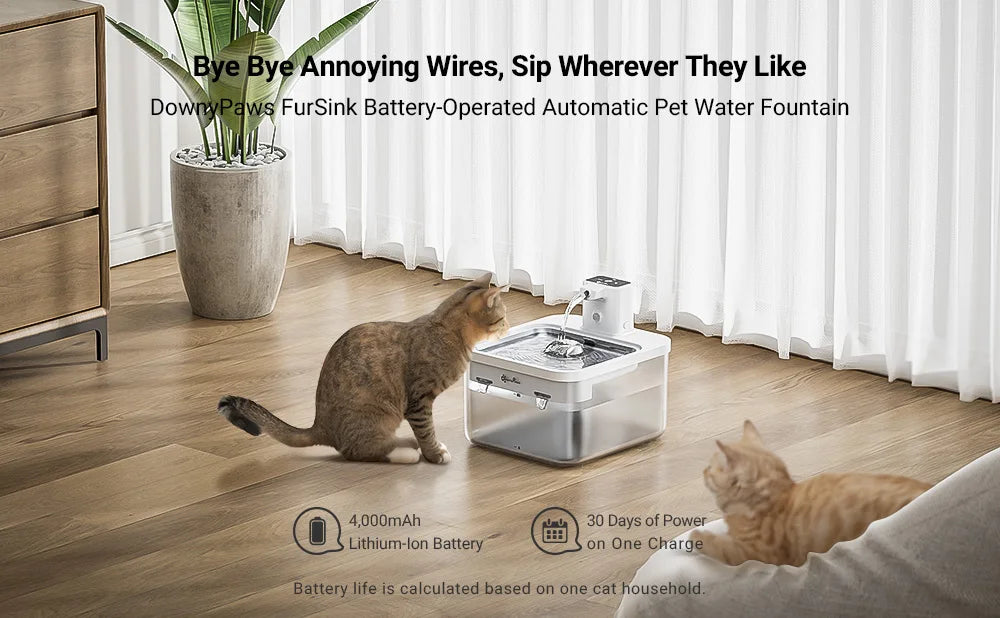 DownyPaws 2.5L Automatic Stainless Steel Cat Water Fountain 4000mAh Wireless Pet Drinker Battery & Sensor 2 in 1 Dispenser