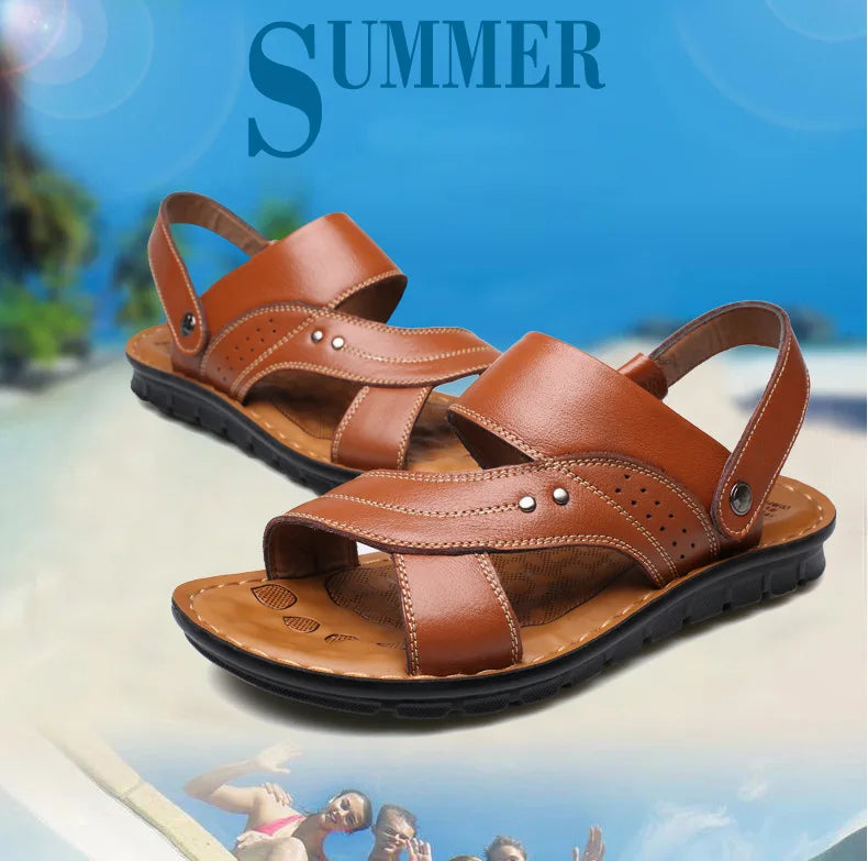 Summer Men's Leather Sandals Outdoor Non-slip Men's Beach Sandals Handmade Leather Men's Shoes Fashion Men Flip-flops