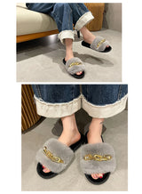 Fluffy Slippers Home Winter Casual Chain Designer Shoes Women 2024 Indoor Platform Plush Slides Girls Fashion Elegant Large Size