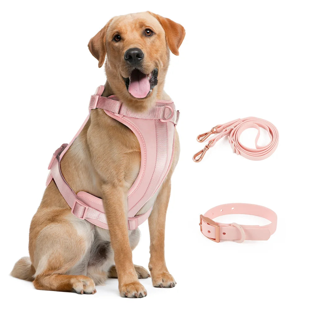 Light Pink Double Dog Leash PVC Comfortable Dog Harness Adjustable Chest Strap Three-Piece Set Collars-f- Harnesses & Leashes