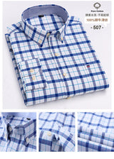 S~6XL Cotton Oxford Shirt For Mens Long Sleeve Plaid Striped Casual Shirts Male Pocket Regular-Fit Button-Down Work Man Shirt