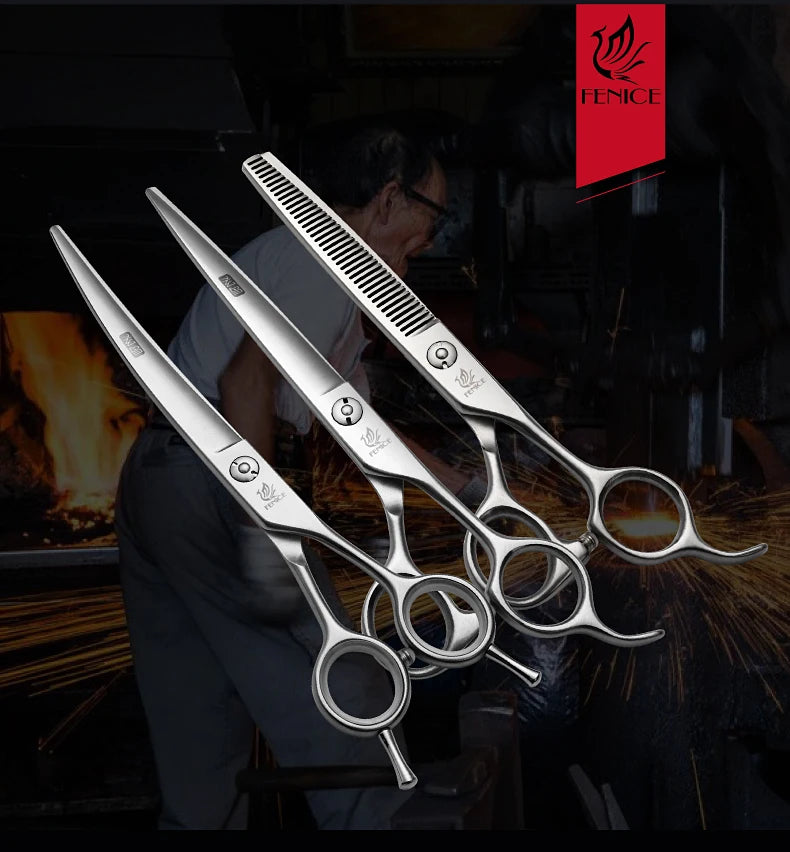 Fenice Professional Dog Grooming Scissors Kit Cutting Curved Thinning Shear 9CR Satinless Steel Scissors Set