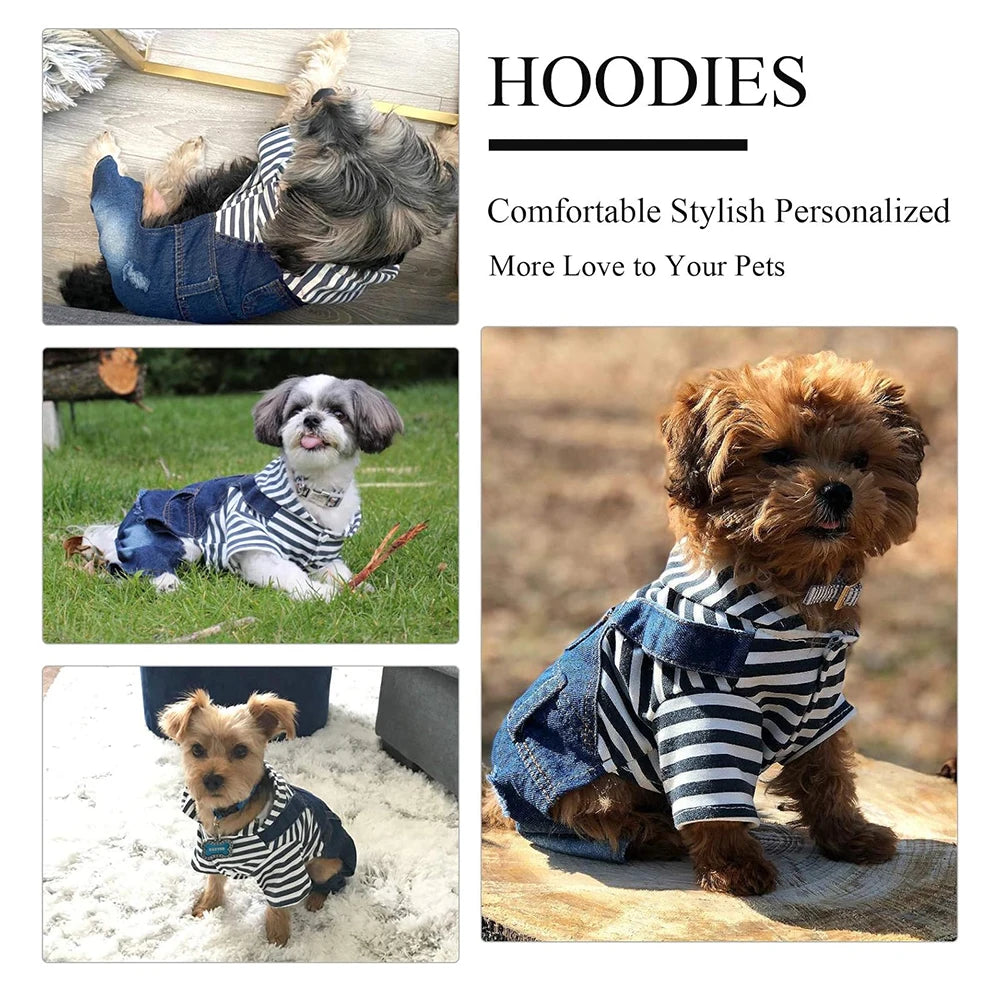 Small Dog Hoodie Clothes Stripe Shirts Denim Jumpsuit Outfit for Small Medium Dogs Cats Boy Girl Blue Jeans Overalls for Puppy