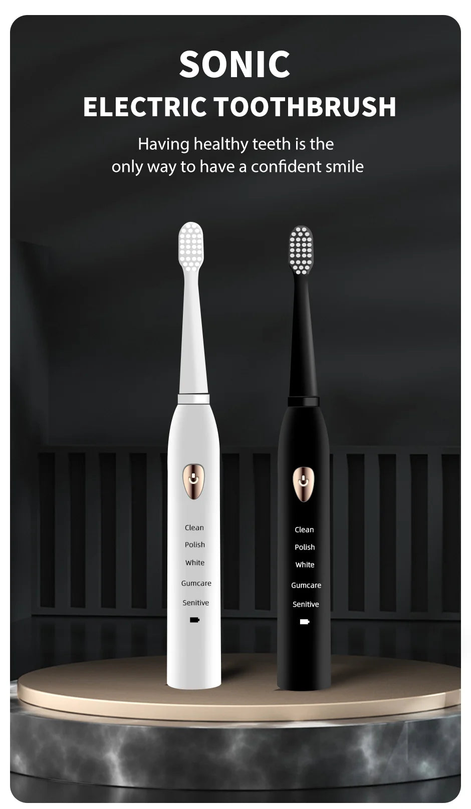 Jianpai Adult Black White Classic Acoustic Electric Toothbrush Adult 5-gear Mode USB Charging IPX7 Waterproof Acoustic Electric