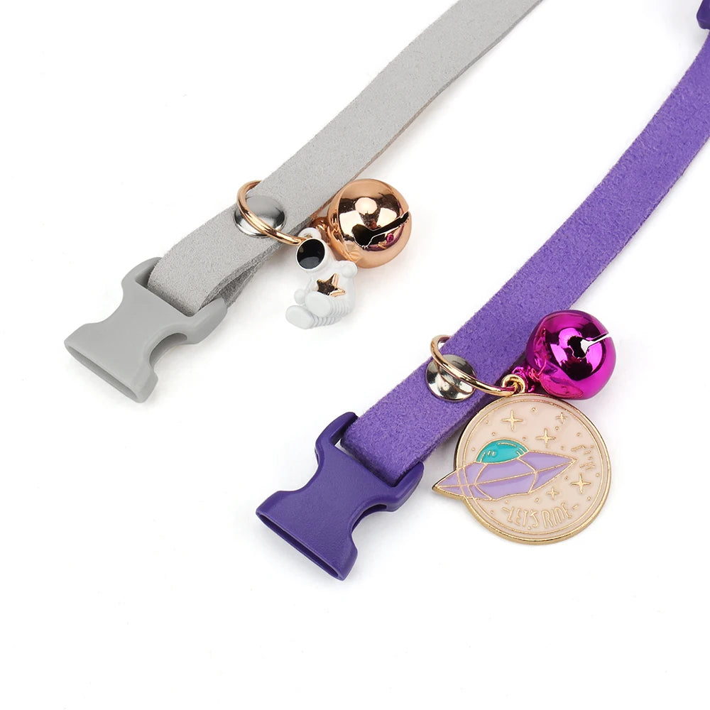 Suede Cute Cat Collar Breakaway Adjustable Girl Boy Pet Collars with Bell and Metal Pendant Decoration for Cats Kitten Puppies