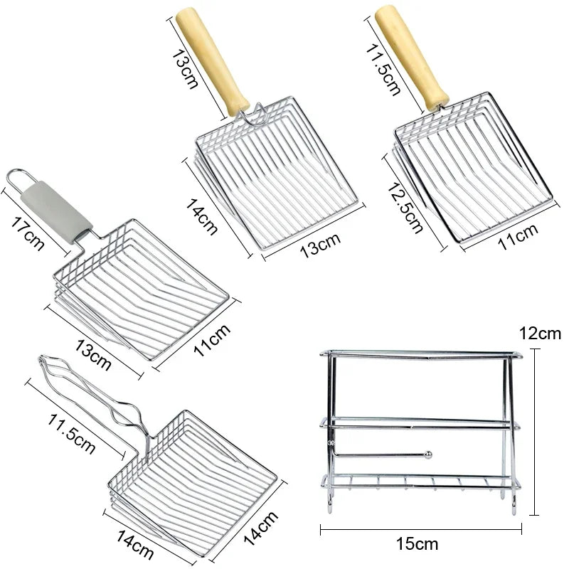 Cat Litter Shovel  Wood Handle Metal Scooper with Hook Portable Stainless Steel Sifting Kitten Toilet Cleaning Tool Pet Products