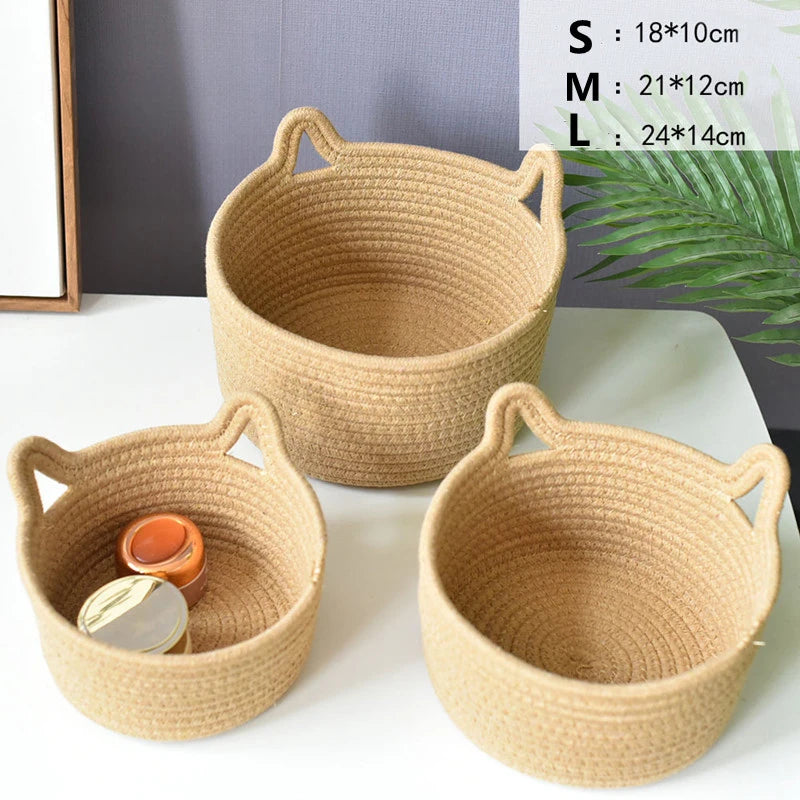 Woven Cotton Rope Cat's ear Nordic  Storage Baskets  Desktop Sundries Kids Toys Organizer Box Dirty Clothes Laundry Basket Hampe