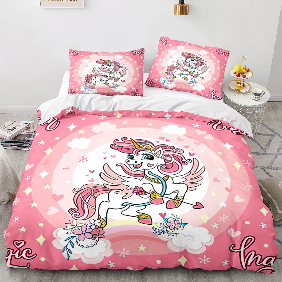 Unicorn Duvet Cover Set Cartoon Galaxy Rainbow Colourful Unicorn Cute Romantic Theme for Kids Girls Polyester Comforter Cover