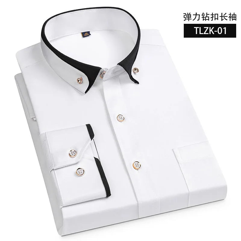 5XL Autumn/Winter Social Long Sleeve Shirt with Diamond Buckle Contrast Collar Men's Business Casual Four Seasons Pockets