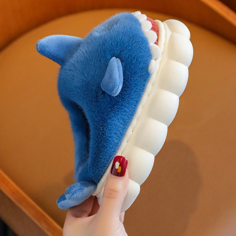 Winter Cute Cartoon Shark Cotton Slippers Children's Non-slip Soft Sole Slides For Kids Girls Baby Boys Warm Plush Home Shoes