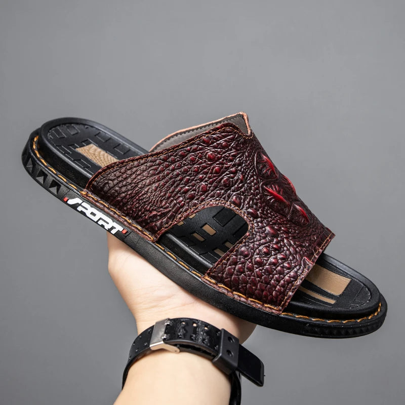 Genuine Leather Men Slippers Crocodile Grain Slip On Slipper Man Summer Shoes For Men Slides Casual