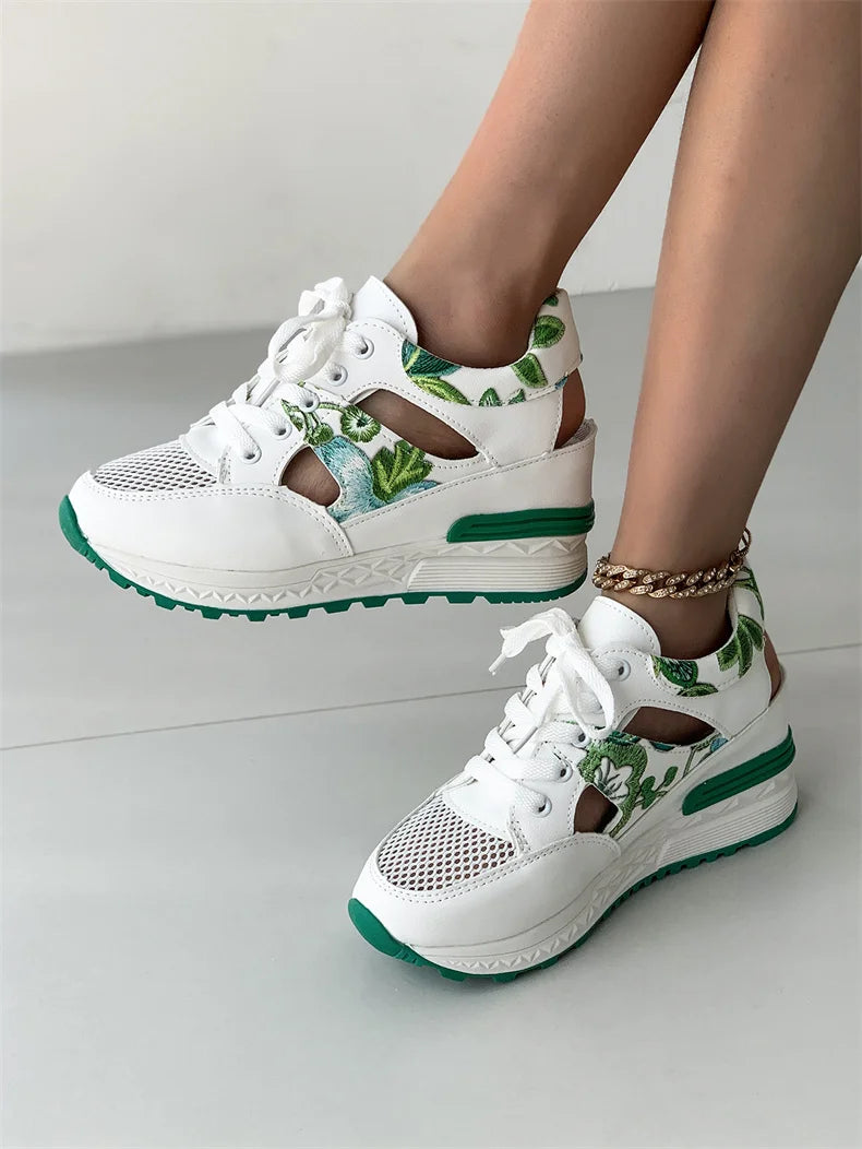 Summer Women Hollow Vulcanized Shoe Casual Breathable Mesh Walking Sneaker Women Outdoor Lace Up Wedge Sandals Feminine Footwear