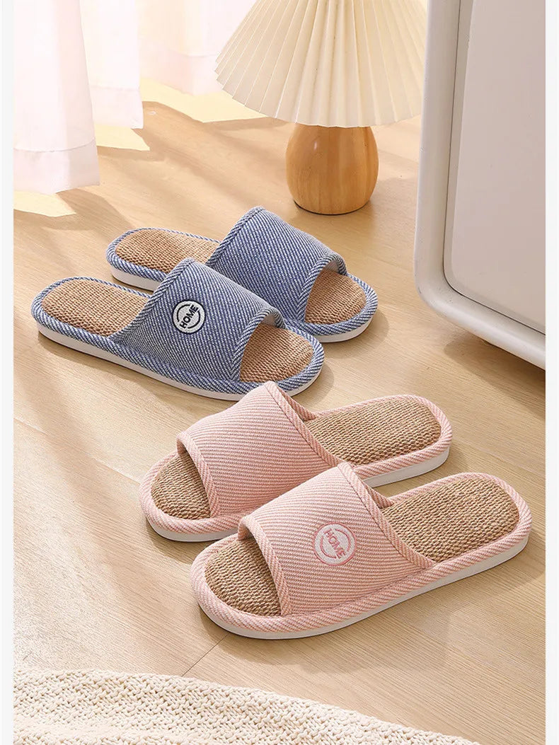 Couples Home Cotton Linen Slippers Women Indoor Bedroom Soft Slides Comfortable Men House Shoes Non-slip Breathable Flats