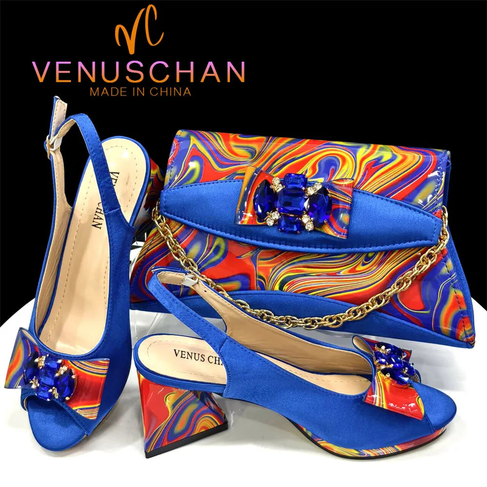 Venus Chan New Italian Shoes and Bag for Party 2024 Blue Color Rhinestones Painted Pattern Elegant Woman Peep Toe High Heels