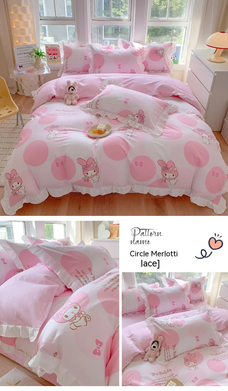 Sanrio Kids Bedding Set Kuromi Cinnamoroll Mymelody Duvet Cover Bed Sheet Pillowcase Bedsheet Double Single King Queen Twin Size