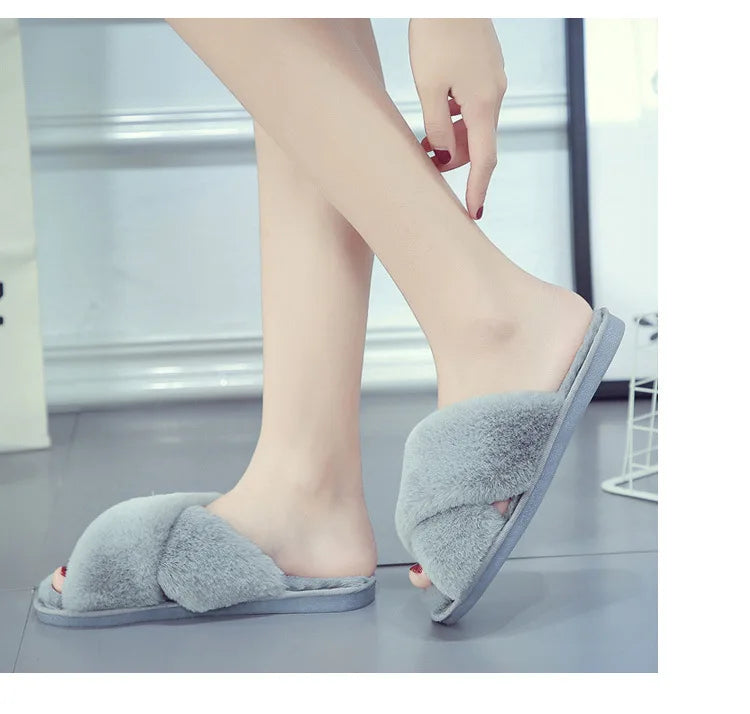 Warm Fluffy Slippers Women's Plush Slippers Comfortable Faux Fur Cross Indoor Floor Slippers Flat Soft Fur Shoes Ladies Women