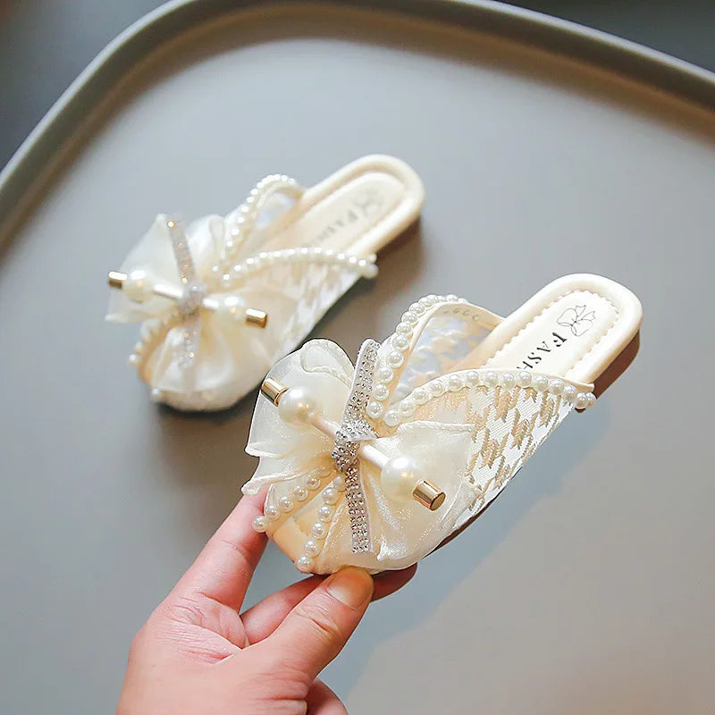 슬리퍼 Children's Slippers Summer New Bow Girl Princess Shoes Soft Sole Home Shoes Flat Kids Shoes Fashion Girl Slippers flip flops