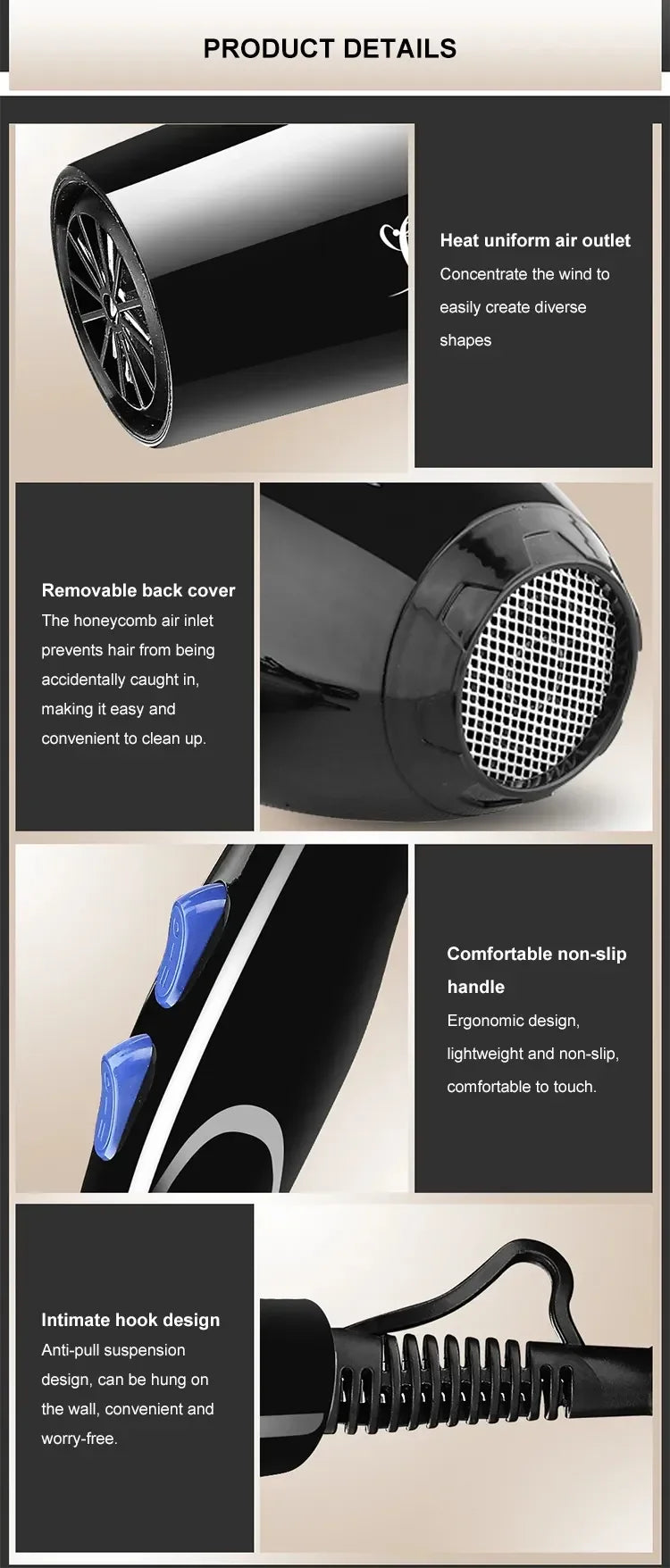 Professional negative ion hair dryer, quick drying, hot and cold air, with concentrated air nozzle, suitable for home use