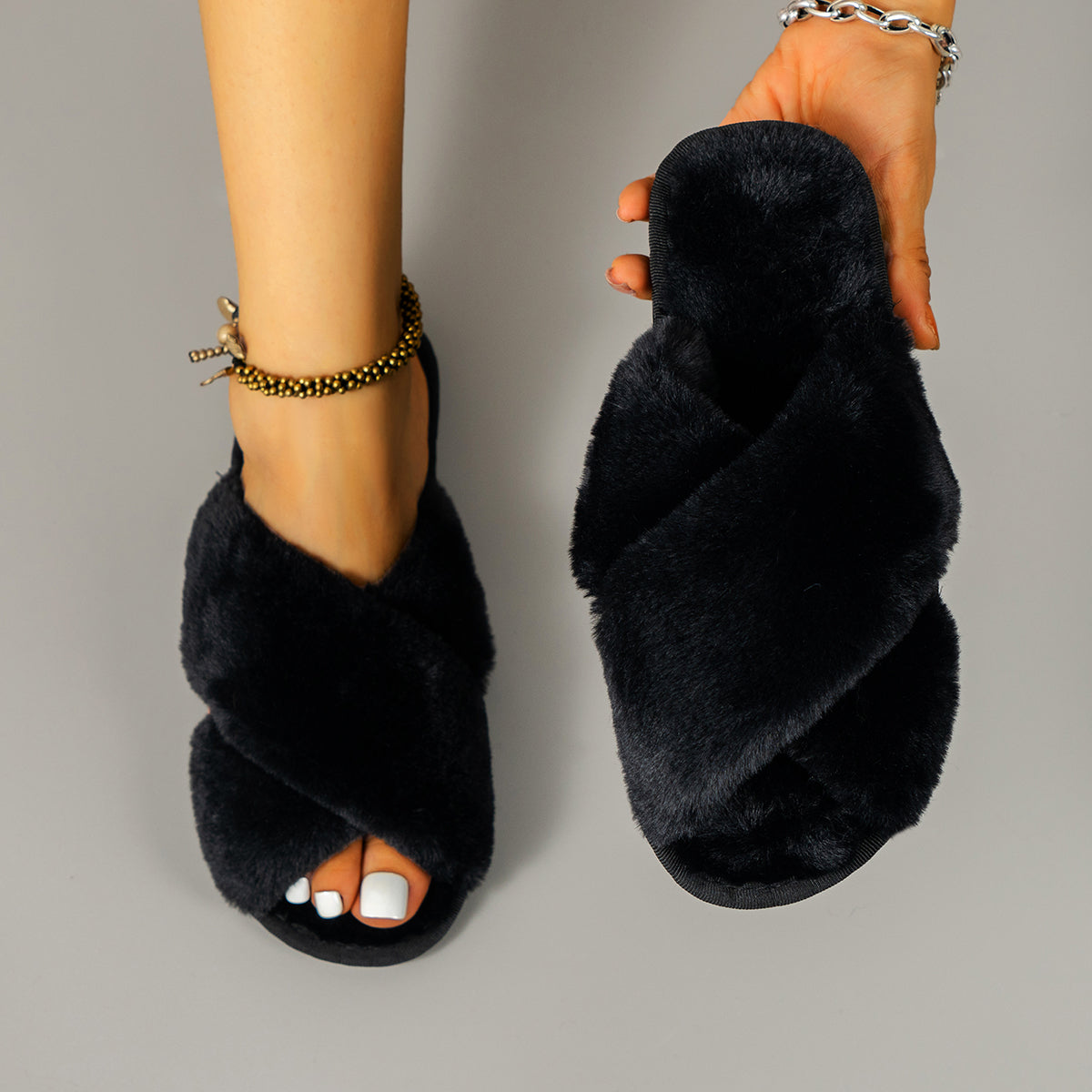 Soft Fluffy Fur Slippers New Women Winter House Warm Furry Slippers Women Flip Flops Home Slides Flat Indoor Floor Shoes