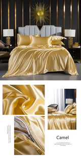 Solid Silk Bedding Set with Duvet Cover Fitted/Flat Bed Sheet Pillowcase Luxury Couple Bedsheet King Queen Double Twin Size