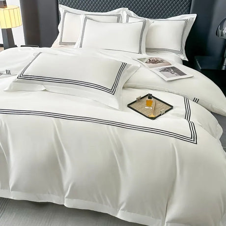 3Pcs 3 Line Embroidery White Black Duvet Cover and Pillow Shams with Zipper Closure Lightwhite Microfiber Ultra Soft Bedding set