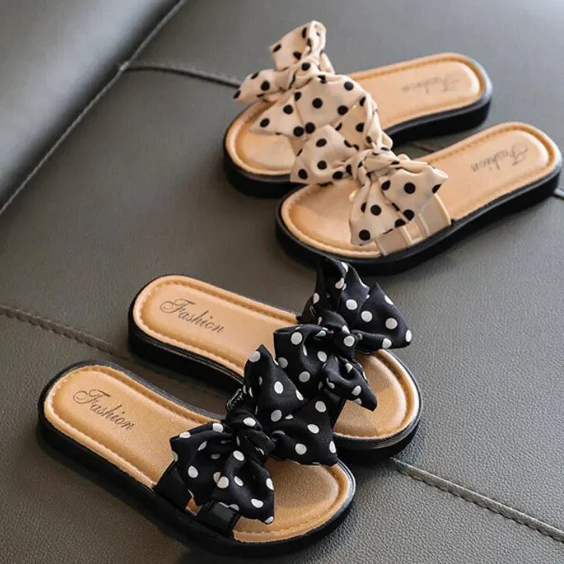 2023 New Bow Flats Open Toe Slide Sandals Non-slip Flip Flops Children Home Slippers Kids Girls Summer Cute Beach Slippers Shoe