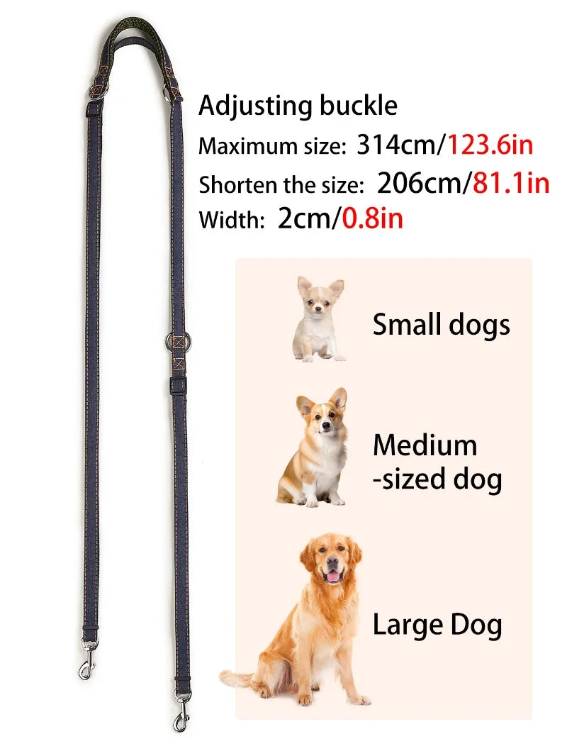 Multifunctional Jean Cloth Dog Leash Adjustable Length Free Hands Double Heads Leash for Small Medium Large Dogs Walking Running