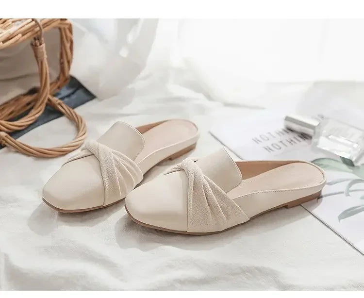 2023 Luxury Woman Mules Summer Close Toe Women Slippers Bowtie Lazy Slides Flat Heel Girl Slippers Korean Outdoor Flip Flops