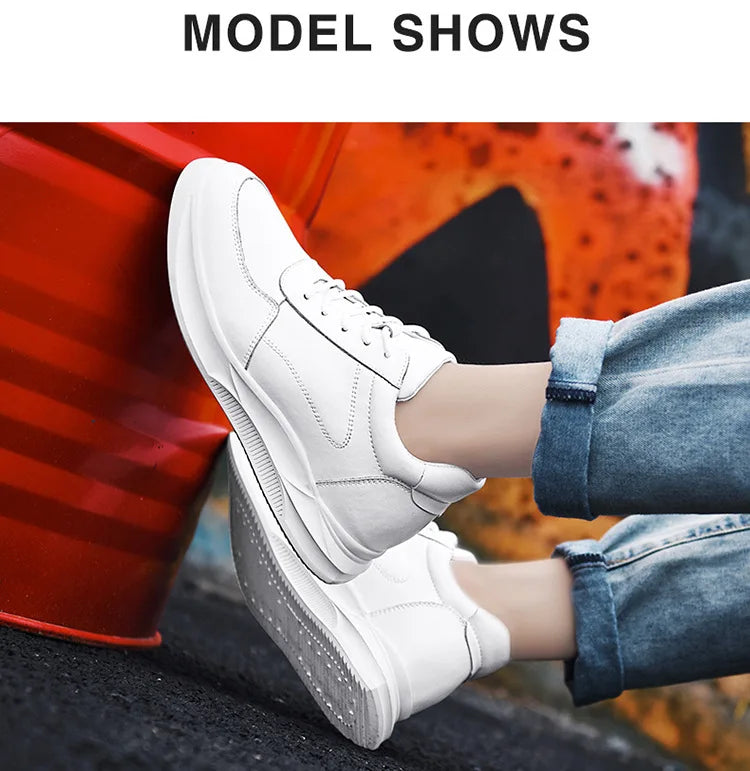 White Leather Sneakers with Thick Soles Men Shoes Outdoor Men Formal Shoes Invisible Inner Height Increasing Men's Shoes 6/8 CM