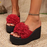 Large Flower Open Toe One Line Thick Bottom Slippers for Women's 2024 Summer New Fashion Slope Heel Women's Slippers