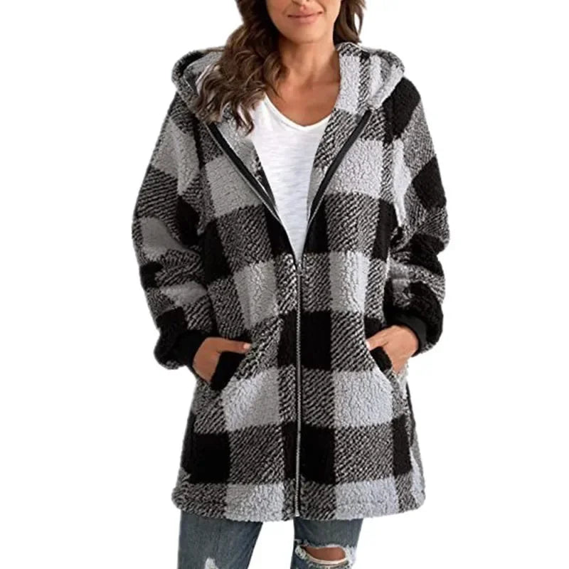 2024 New Amazon Long Sleeve Plaid Hooded Zipper Women's Jacket Loose Fit Pocket Included Casual Ladies Outerwear