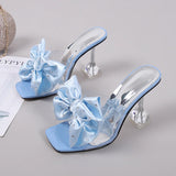 2023 Fashion Crystal Bow High Heels Slippers Shoes for Woman Sexy PVC Transparent Sandals Women Slides Open Toe Pumps Blue Black