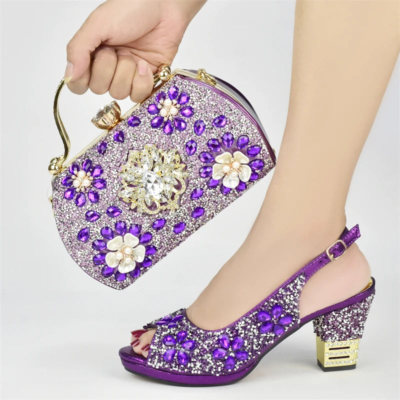 New Arrival Italian Women Wedding Shoes and Bag Set Decorated with Rhinestone Purple Shoes and Bags Sets Wedding Shoes Bride