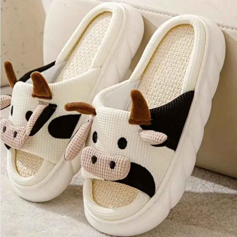 Four Seasons Universal Indoor Home Cotton Linen Sandals Cute Cartoon Cow Linen Slippers Non-slip