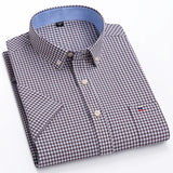 2023 100% Pure Cotton Men's Oxford Short Sleeve Square Collar Soild Plaid Striped Summer Casual Shirts Single Pocket  Shirt