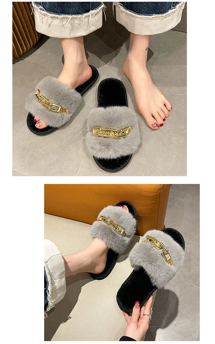 Fluffy Slippers Home Winter Casual Chain Designer Shoes Women 2024 Indoor Platform Plush Slides Girls Fashion Elegant Large Size