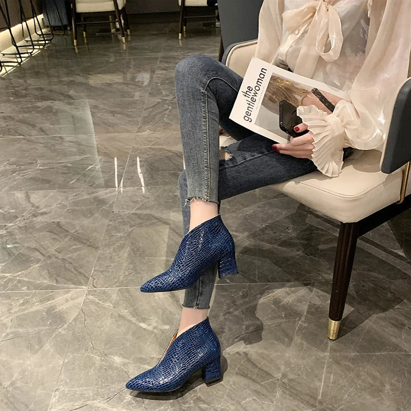 Retro Women's Ankle Boots 2024 New Pointy V-neck Patent-leather Women High Heels Simple Versatile Commuting Office Female Shoes